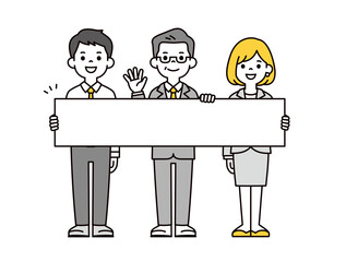 横長のパネルを持って案内する、経営者と従業員の男性と女性の全身ベクターイラスト素材セット