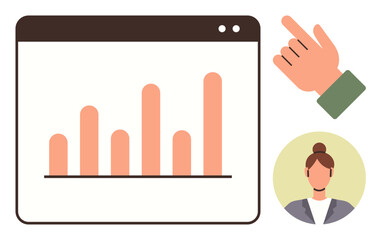 Obraz premium Chart with rising bars on browser window, pointing hand, and user avatar portrait. Ideal for analytics, user interaction, teamwork, software interface, data management, online monitoring simple flat