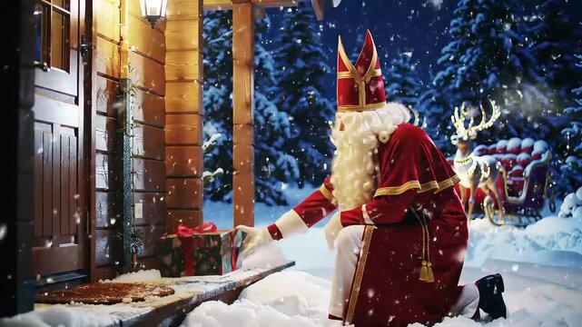 merry christmas of Sinterklaas kneeling by a snowy doorstep with a gift, surrounded by falling snow and a sleigh with reindeer in the background.