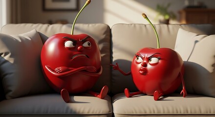Angry Cherries Arguing on a Couch