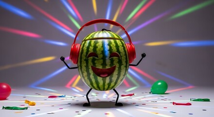 Dancing Watermelon with Headphones at a Party