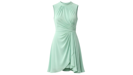 Sleeveless cocktail attire features sophisticated ruching detail and a mock neckline