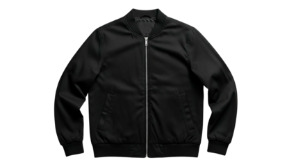 Simple black bomber jacket presented on a solid dark background