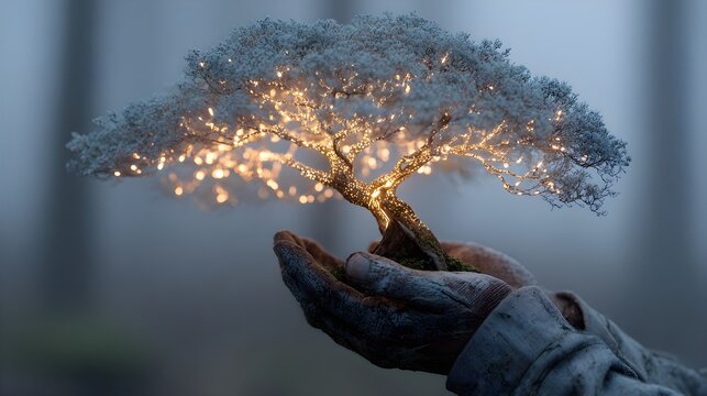 Miniature bonsai tree adorned with glowing lights held gently in cupped hands creating a magical and enchanting atmosphere for a serene moment