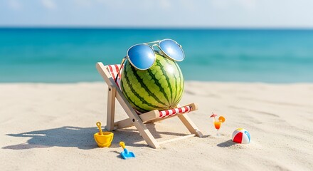 Watermelon on a beach chair with sunglasses and drinks