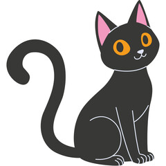 Cute Black Cat With Orange Eyes Sitting Down Smiling With Pink Ears And A Curled Tail On A Transparent Background