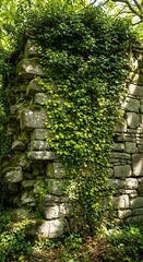 Fototapeta premium Ancient stone wall overgrown with lush green ivy and moss surrounded by foliage