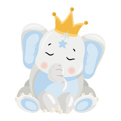 Cute Baby Elephant Wearing a Gold Crown Sitting with Eyes Closed Adorable Animal Illustration with Blue Accents on a Transparent Background