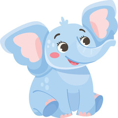 Cute baby elephant with big ears and smiling face in light blue color with pink accents on a transparent background