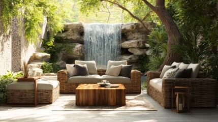 Naklejka premium Relaxing outdoor living area with natural rattan and wood furniture near an artificial waterfall, calm tropical atmosphere, soft daylight