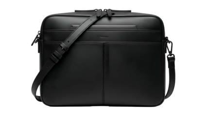 Sleek black messenger satchel hangs against a dark background showcasing professional accessory design