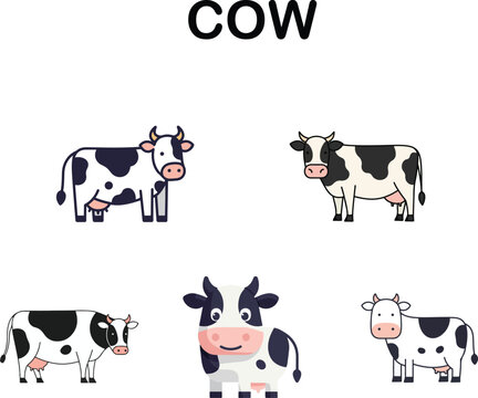 Collection of cartoon cows in various poses and expressions, perfect for educational materials or children's content