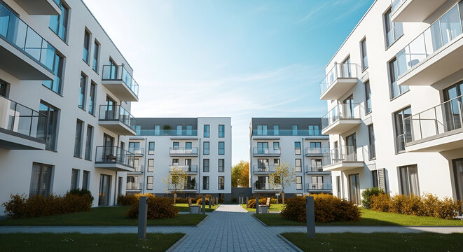 Modern residential apartment complex with landscaped gardens and walkways showcasing contemporary urban living spaces for comfortable lifestyle and community living