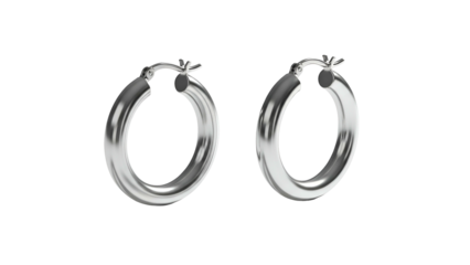 Pair of thick silver hoop earrings displayed against a solid black background