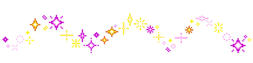 Pixel stars twinkling stars sparkles, shining burst background vector for celebration, magic, and awards in a retro pixelated style, game 8 bit retro.	
