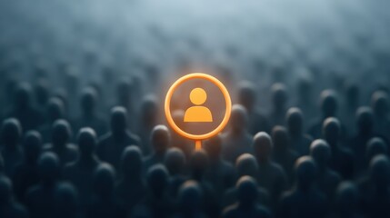 Abstract concept of individuality emerging from a crowd with glowing symbol of person in focus against blurred background of faceless figures representing identity