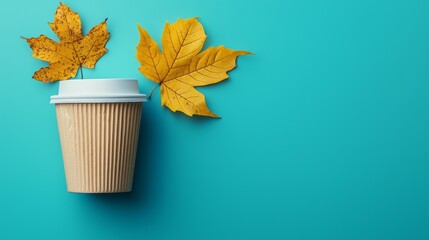 Warm coffee cup with autumn leaves on a teal background evokes seasonal coziness and a vibrant mood