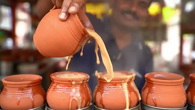 Chai tea pouring into clay cups.