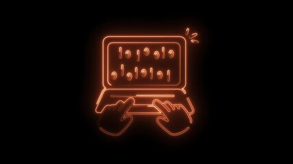 Neon laptop with binary code and typing hands animation glowing orange - Powered by Adobe