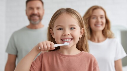 Smiling Young Girl Brushing Teeth with Family in Background at Home, Promoting Dental Hygiene and Family Bonding in Bright Modern Bathroom Setting