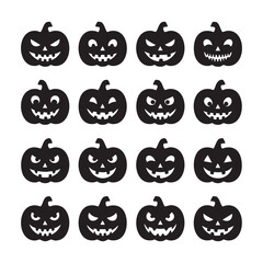 Collection of spooky Halloween pumpkin silhouettes with various carved faces for festive holiday design