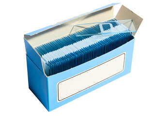 Blue box full of clean glass microscope slides for the laboratory on a transparent background
