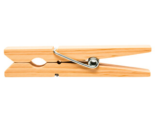 Single classic wooden clothespin with a metal spring hinge on a transparent background