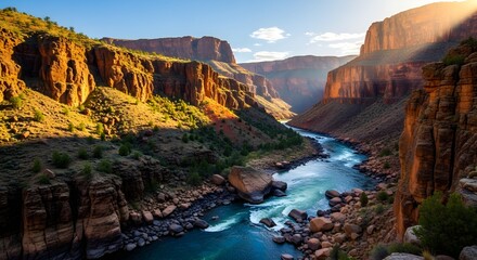 Majestic canyon with a winding river carving through rugged sunlit cliffs under a clear blue sky