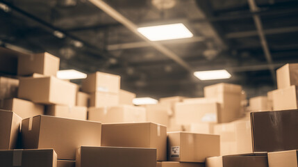 forklift. Industrial warehouse filled with sealed cardboard boxes under bright lights. safety posters, maintenance manuals, designed for industrial assembly lines and welding operations.
