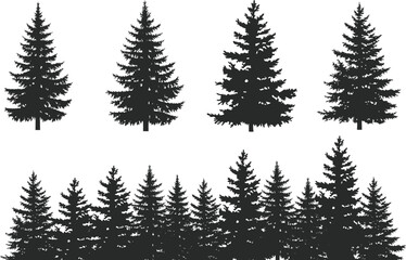 Obraz premium Collection tree silhouette isolated on white background on white background. forest landscape, representing winter holiday, celebration, and festive decoration in vector format. Eps 10