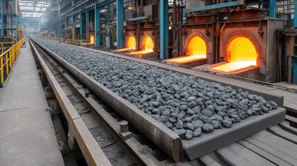 Industrial furnace interior with glowing molten metal, coal conveyor, and large manufacturing facility focusing on production and heavy machinery operations