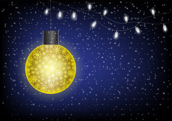 Christmas theme, snowflake bulb under little light bulbs and falling snow.