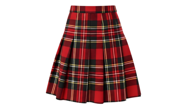 Pleated garment featuring a traditional red and black checkered pattern isolated on a dark background