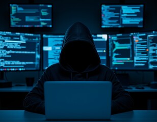 Mysterious Hooded Figure Engaged in Cyber Activity in Dark Room with Multiple Screens