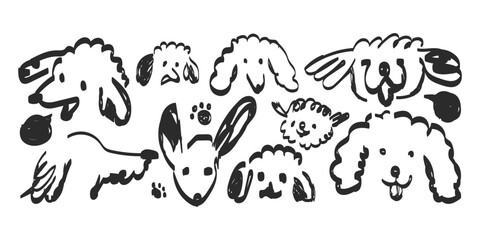 Whimsical hand drawn sketch collection of various dog breeds and animal faces in black ink