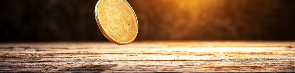 Naklejka premium A vintage gold coin spinning in the air, catching the light as it rotates, gold coin spinning, symbol of fate,