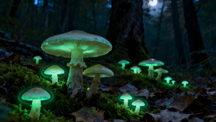 Mushroom cluster glowing faintly with natural bioluminescence
