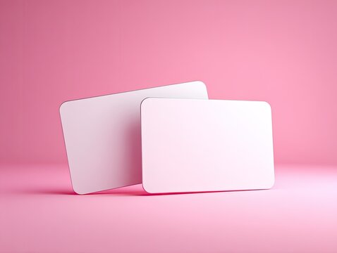 Two blank rectangular objects with rounded corners, one leaning on the other, in a pink studio