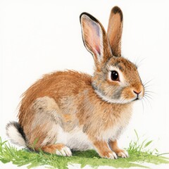Fototapeta premium Friendly Brown Rabbit Sitting on Green Grass Surrounded by Nature in Bright Lighting
