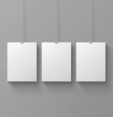 Three blank, square posters, each suspended by a thin wire, against a solid gray backdrop