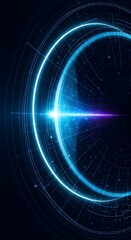 Abstract digital sphere with glowing blue and purple light streaks and grid lines