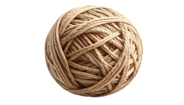 wool string ball made of thin thread, suitable for tying letters or decorating handmade crafts, natural linen texture, isolated on transparent background, PNG format