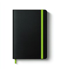 Isolated black notebook with a neon-green elastic band and bookmark, casting a shadow