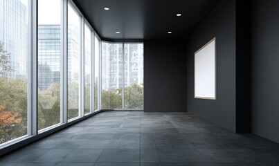 Fototapeta premium An interior shot shows a dark modern room with large windows and an empty frame