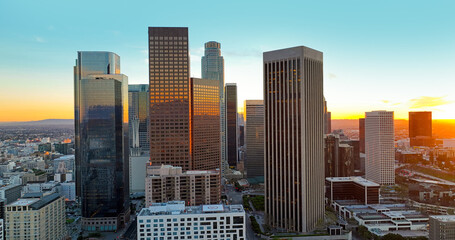 Aerial panorama of the LA city. Los Angeles skyline. Modern urban view of Los Angeles with architecture and sky.
