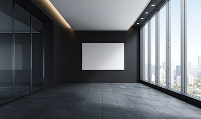 Obraz premium Modern interior with blank canvas on dark wall, large windows and cityscape views