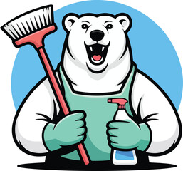 Polar Bear Cleaning Cartoon Character Mascot animal, Smiling cartoon Polar Bear animal cartoon character drawing vector illustration