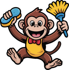 Monkey Cleaning Cartoon Character Mascot animal, Smiling cartoon monkey animal cartoon character drawing vector illustration