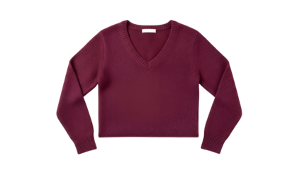 Deep burgundy v-neck pullover garment is displayed against a solid black background