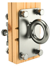 Heavy-duty metal eye bolt plate mounted on wooden beams on a transparent background